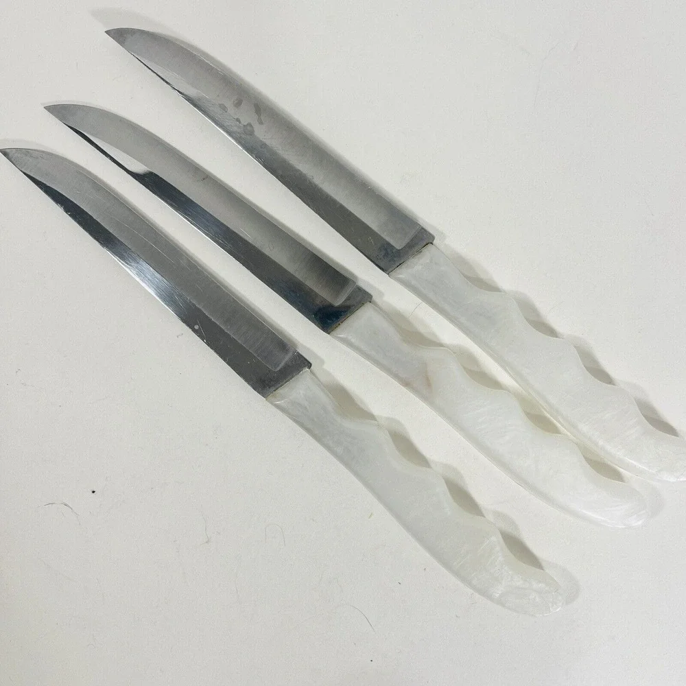 3 Robinson Hollow Ground Knife Set‎ White Pearl Handle Stainless Steel Vtg MCM